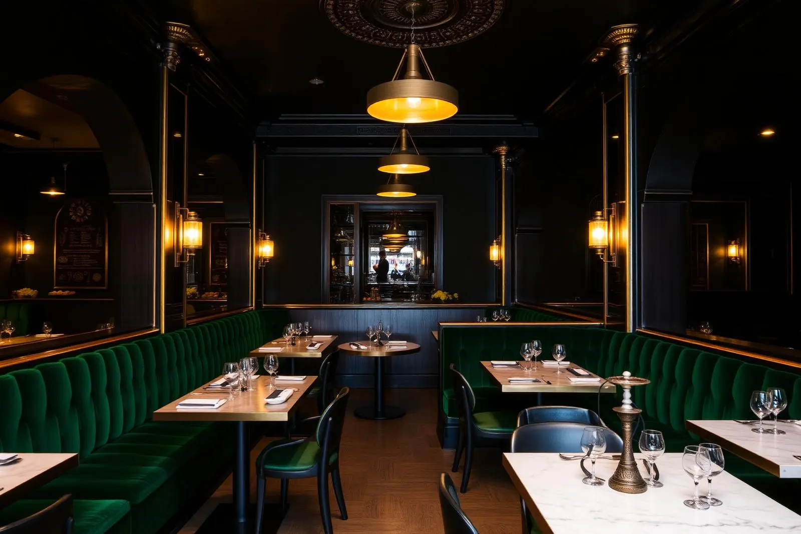Dining area with green channel-tufted booths and marble-top tables